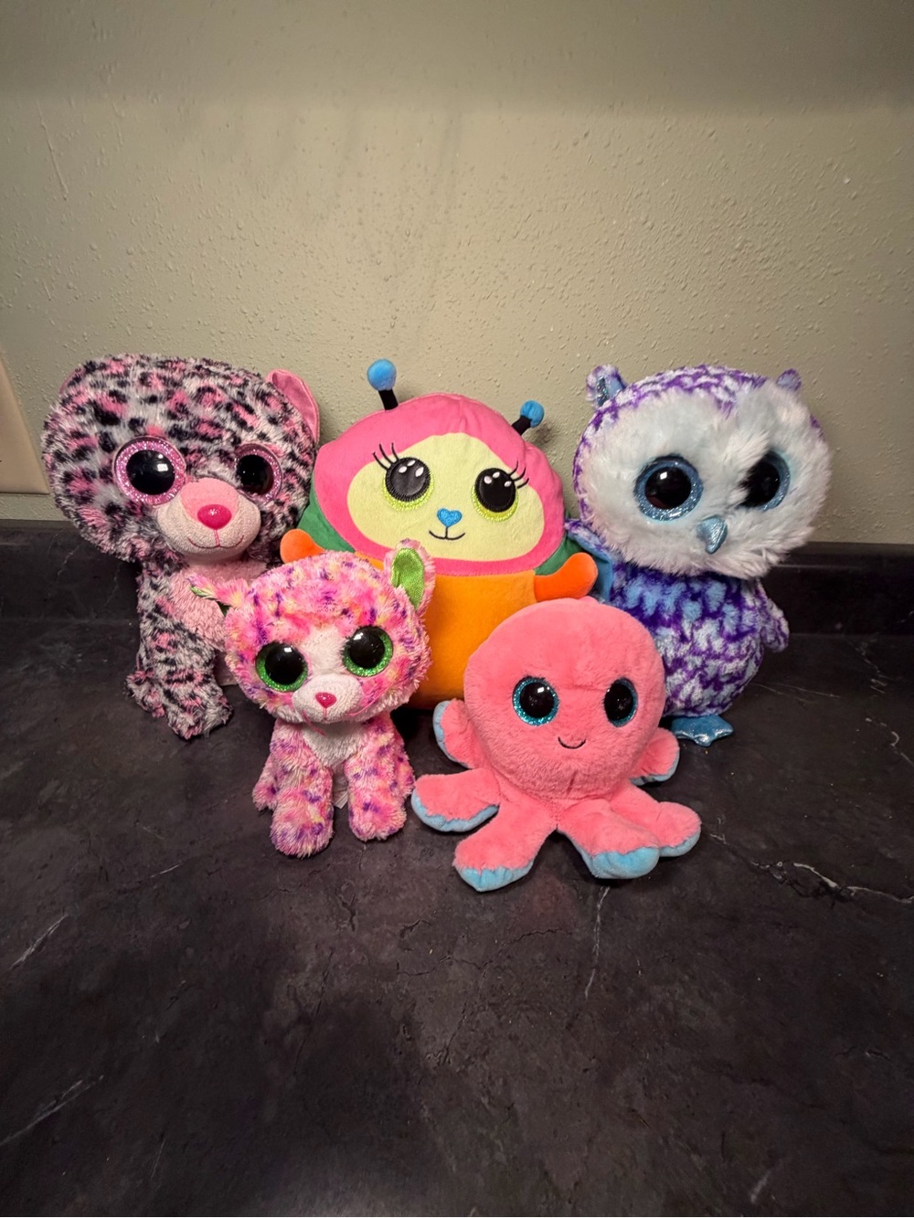 Lot of  5 Ty beanie boo Stuffed Animals - Owl, Octopus, Cat, Alien, Leopard